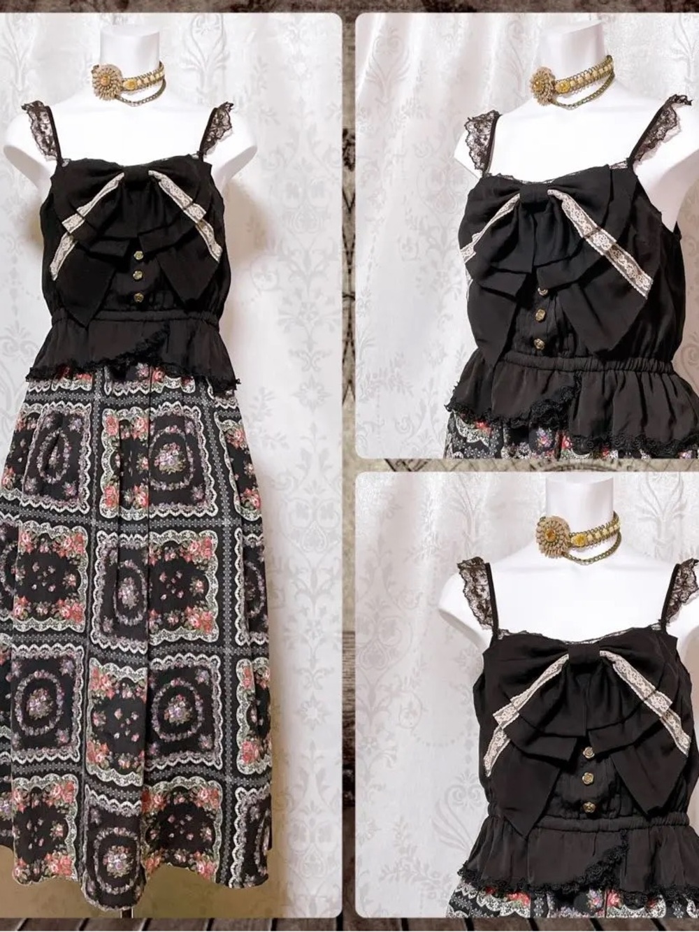 Black Floral Maxi Skirt with Lace-Trim Bodice